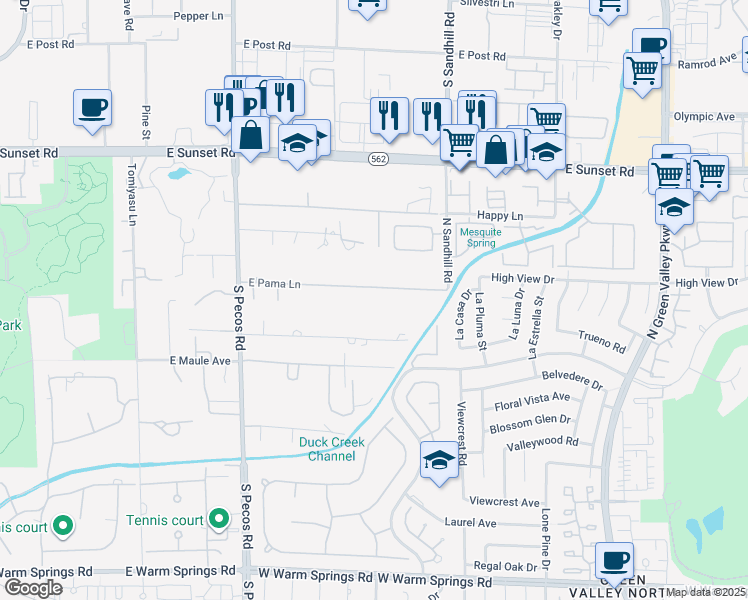 map of restaurants, bars, coffee shops, grocery stores, and more near 3675 East Pama Lane in Las Vegas