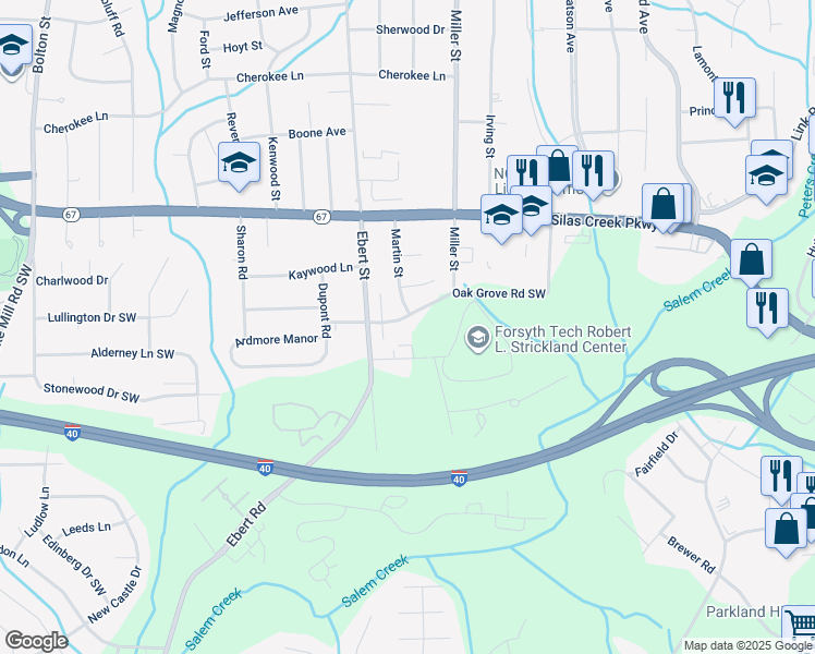 map of restaurants, bars, coffee shops, grocery stores, and more near 1010 Oak Grove Road in Winston-Salem