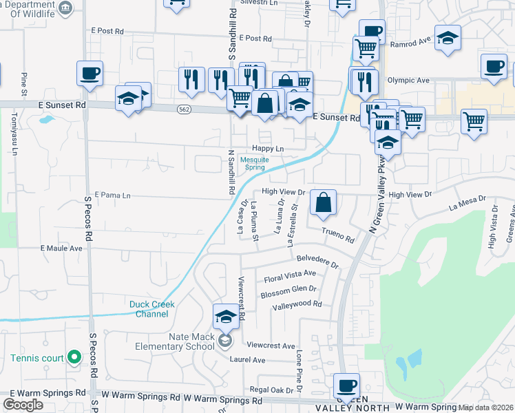 map of restaurants, bars, coffee shops, grocery stores, and more near 2417 La Pluma Street in Henderson
