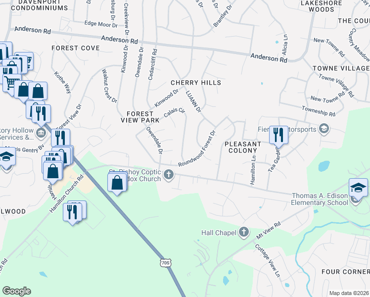 map of restaurants, bars, coffee shops, grocery stores, and more near 3421 Calais Circle in Nashville