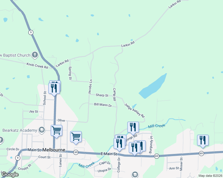 map of restaurants, bars, coffee shops, grocery stores, and more near 183 Camp Road in Melbourne