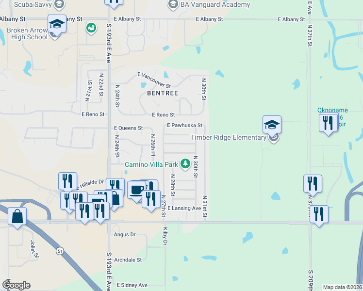 map of restaurants, bars, coffee shops, grocery stores, and more near 2808 East Norman Place in Broken Arrow