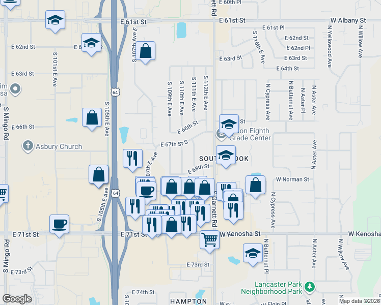 map of restaurants, bars, coffee shops, grocery stores, and more near 6726 South 111th East Avenue in Tulsa