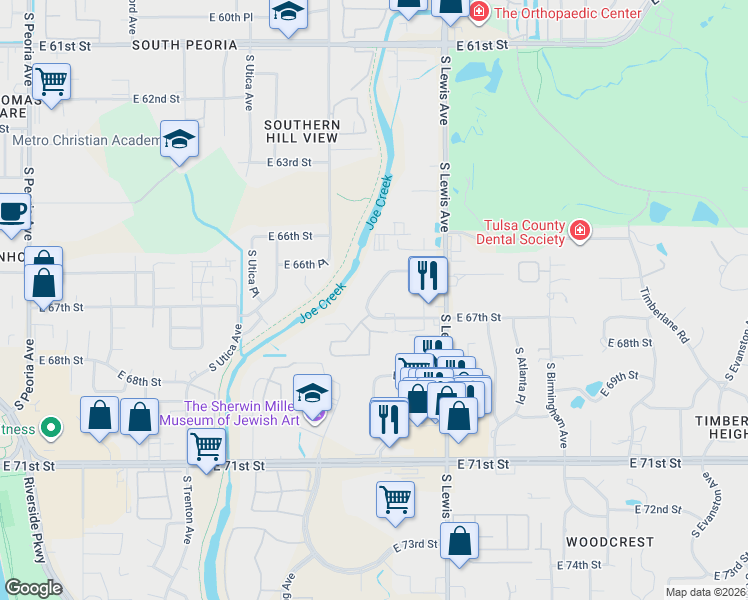 map of restaurants, bars, coffee shops, grocery stores, and more near 6619 East 67th Street in Tulsa