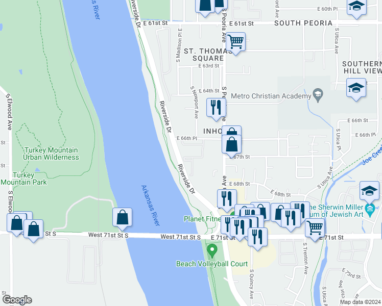 map of restaurants, bars, coffee shops, grocery stores, and more near 1005 East 67th Street in Tulsa