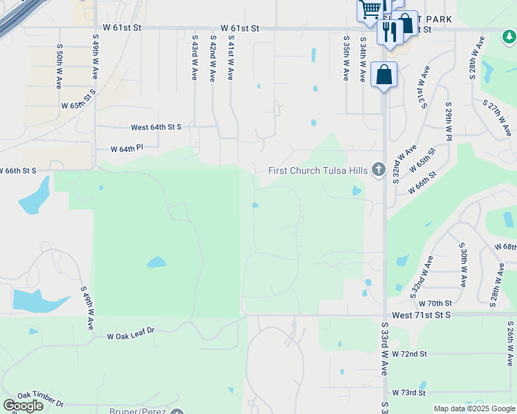 map of restaurants, bars, coffee shops, grocery stores, and more near 6751 Riva Ridge Road in Tulsa
