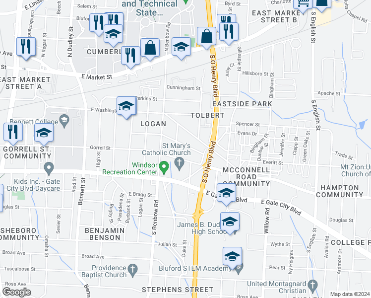 map of restaurants, bars, coffee shops, grocery stores, and more near 1510 Sloan Street in Greensboro