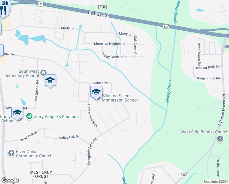 map of restaurants, bars, coffee shops, grocery stores, and more near 6045 Holder Road in Clemmons