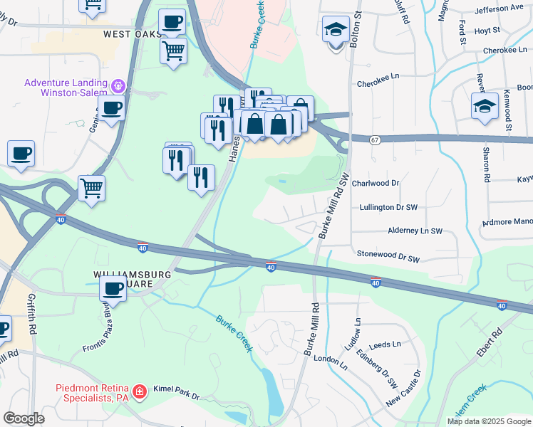 map of restaurants, bars, coffee shops, grocery stores, and more near 2962 Saint Marks Road Southwest in Winston-Salem