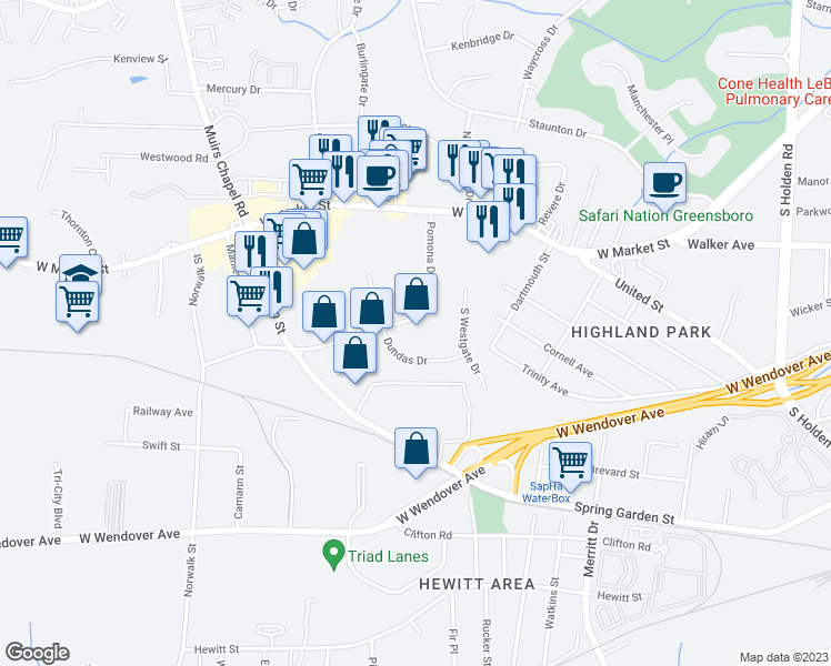 map of restaurants, bars, coffee shops, grocery stores, and more near 201 Pomona Drive in Greensboro