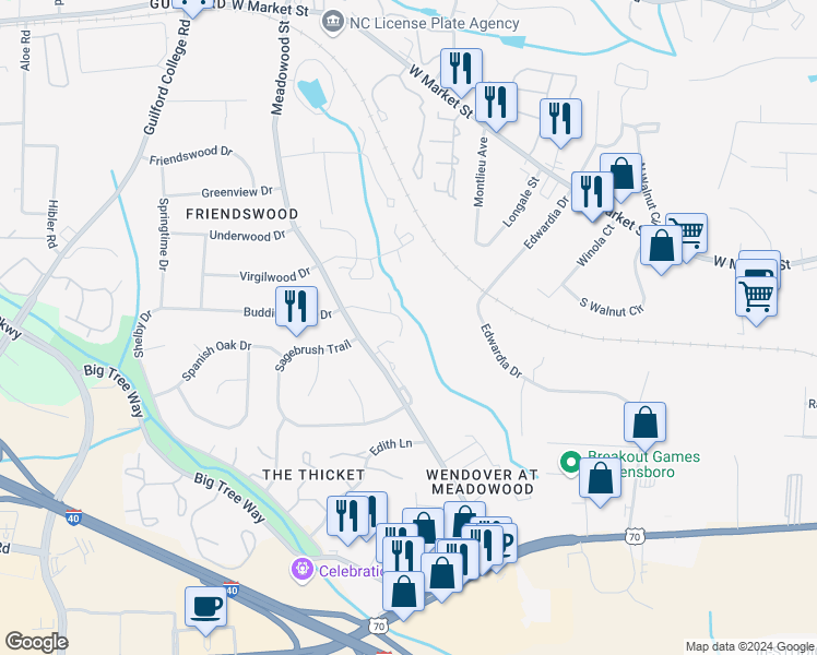 map of restaurants, bars, coffee shops, grocery stores, and more near 23 Meadowood Glen Way in Greensboro