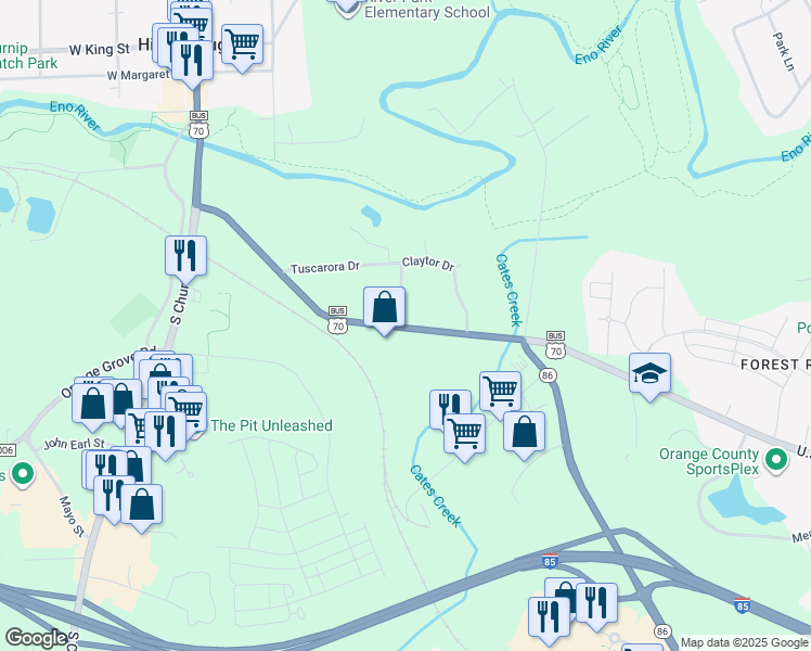 map of restaurants, bars, coffee shops, grocery stores, and more near 512 U.S. 70 Business in Hillsborough