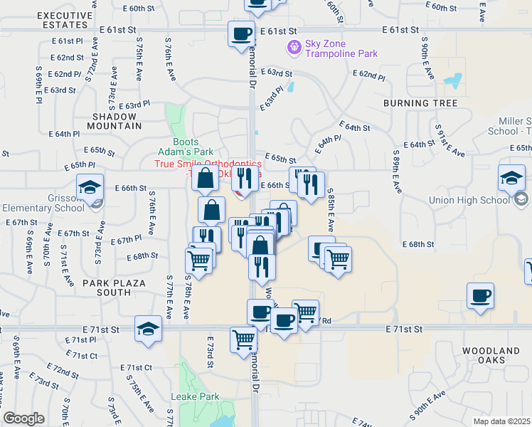 map of restaurants, bars, coffee shops, grocery stores, and more near 6701 South Memorial Drive in Tulsa