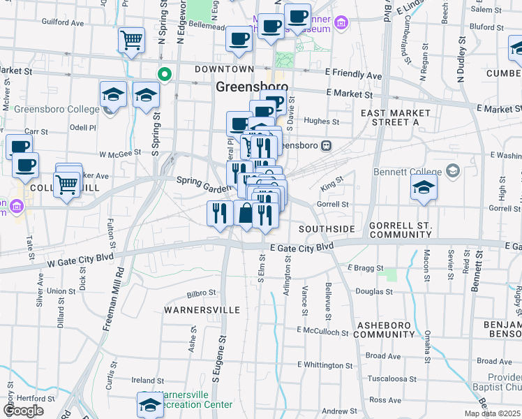 map of restaurants, bars, coffee shops, grocery stores, and more near 526 South Elm Street in Greensboro