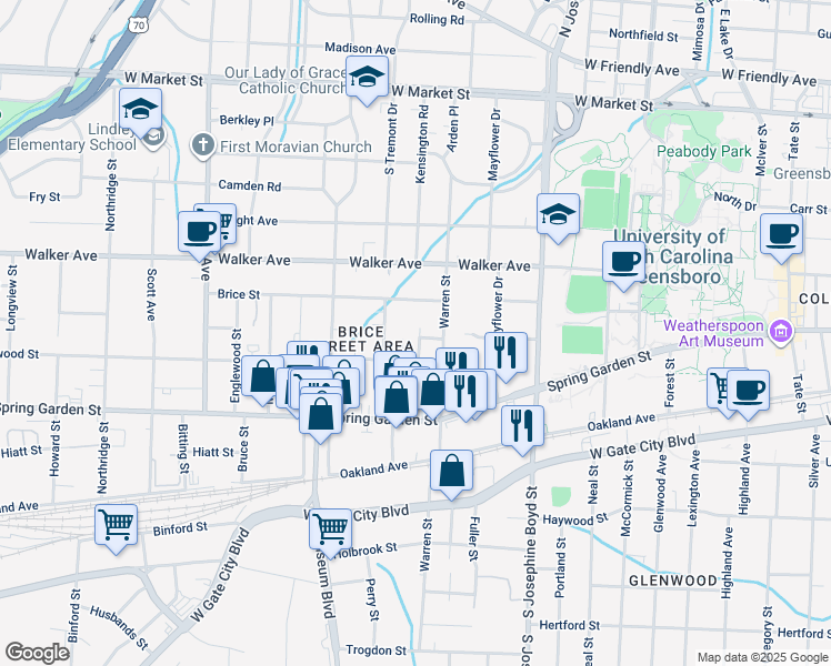 map of restaurants, bars, coffee shops, grocery stores, and more near 118 Poe Street in Greensboro