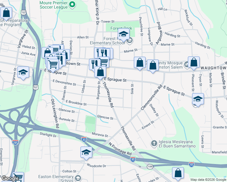 map of restaurants, bars, coffee shops, grocery stores, and more near 931 Goldfloss Street in Winston-Salem