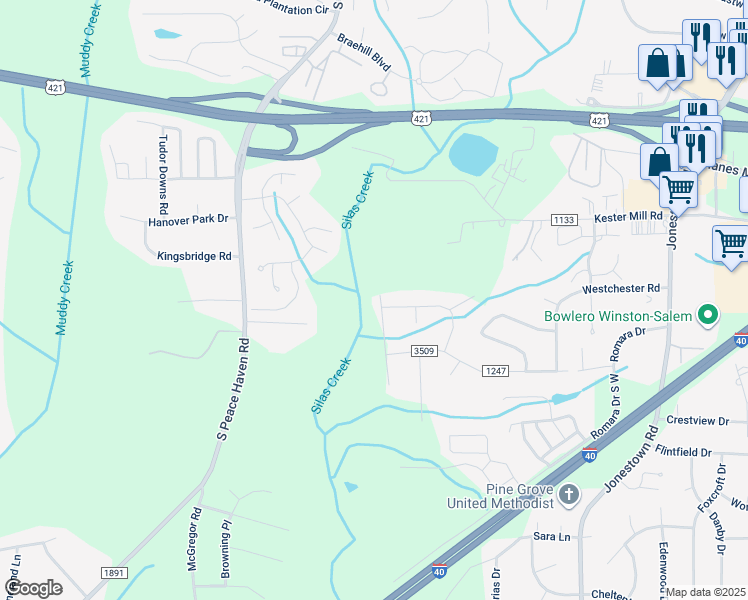 map of restaurants, bars, coffee shops, grocery stores, and more near 4900 Wexford Road in Winston-Salem