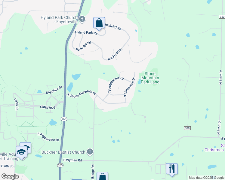 map of restaurants, bars, coffee shops, grocery stores, and more near 2941 East Pebblestone Drive in Fayetteville