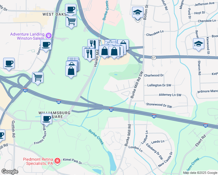 map of restaurants, bars, coffee shops, grocery stores, and more near 2958 Saint Marks Road Southwest in Winston-Salem