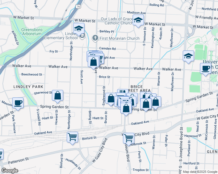 map of restaurants, bars, coffee shops, grocery stores, and more near 708 Milton Street in Greensboro