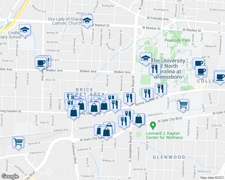 map of restaurants, bars, coffee shops, grocery stores, and more near 1713 Walker Avenue in Greensboro