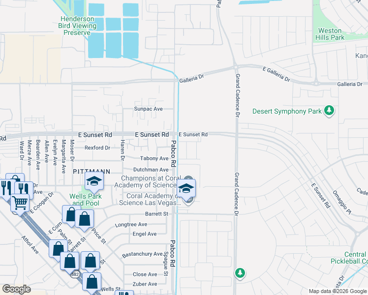 map of restaurants, bars, coffee shops, grocery stores, and more near 635 Balsawood Street in Henderson