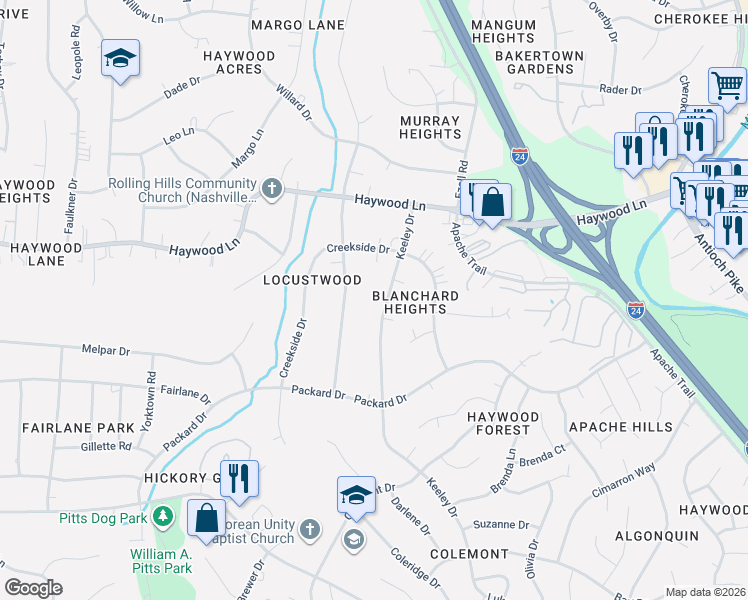 map of restaurants, bars, coffee shops, grocery stores, and more near 3932 Keeley Drive in Nashville