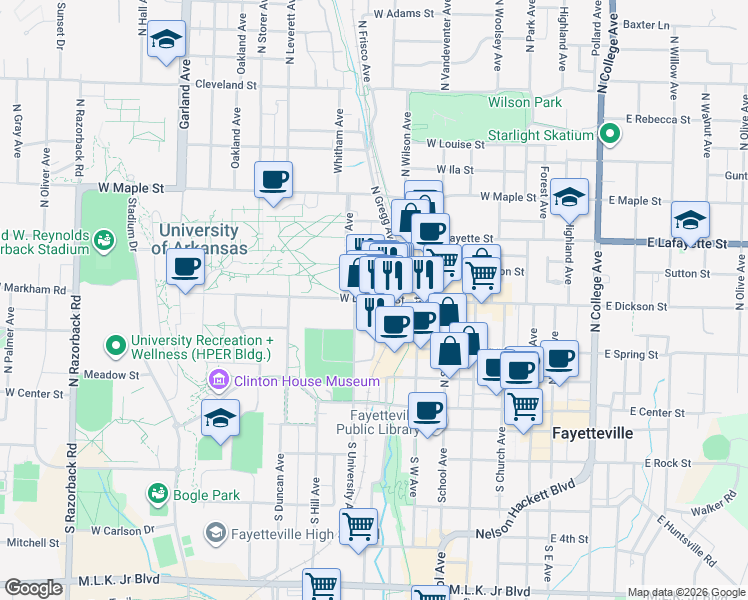map of restaurants, bars, coffee shops, grocery stores, and more near West Dickson Street in Fayetteville