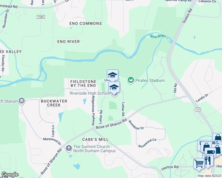 map of restaurants, bars, coffee shops, grocery stores, and more near 3218 Rose of Sharon Road in Durham