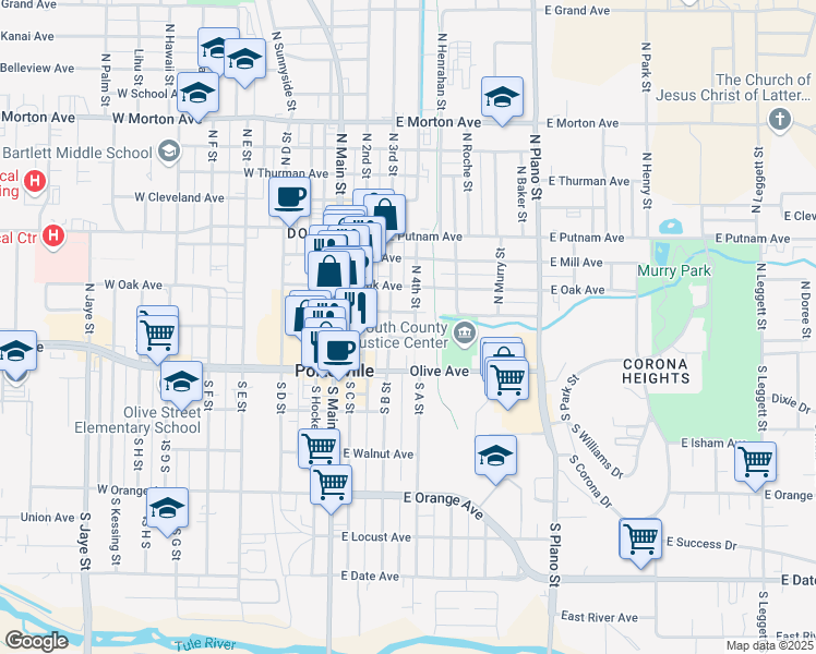 map of restaurants, bars, coffee shops, grocery stores, and more near 44 North 4th Street in Porterville