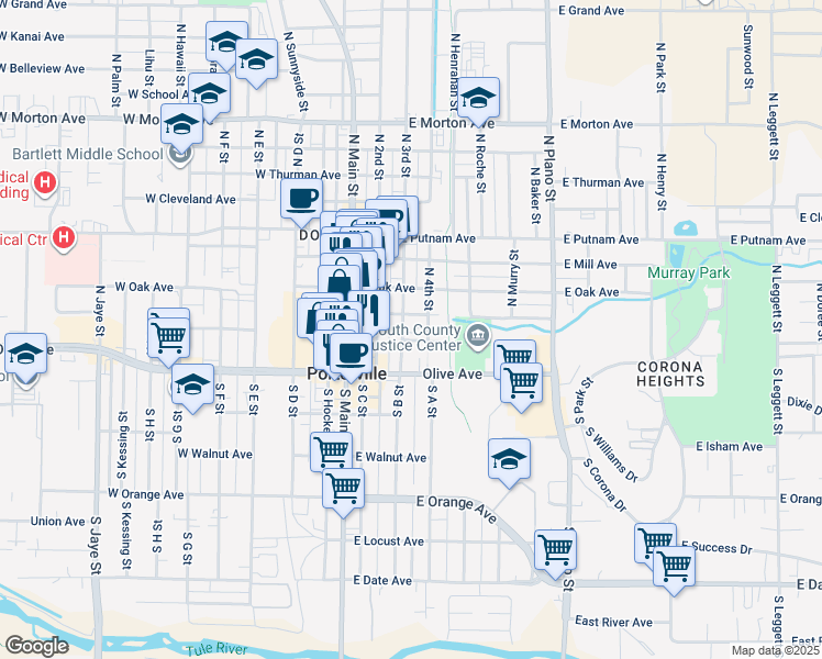 map of restaurants, bars, coffee shops, grocery stores, and more near 39 North 3rd Street in Porterville