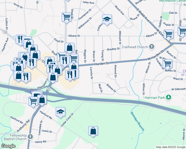 map of restaurants, bars, coffee shops, grocery stores, and more near 2331 Lavista Drive in Burlington