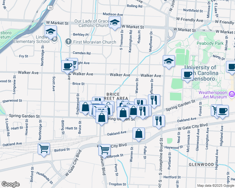 map of restaurants, bars, coffee shops, grocery stores, and more near 1722 Sherwood Street in Greensboro