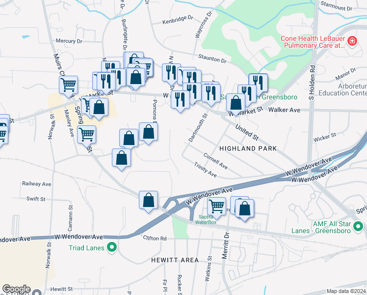 map of restaurants, bars, coffee shops, grocery stores, and more near 4416 Trinity Avenue in Greensboro