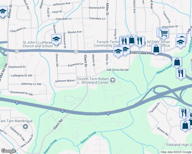 map of restaurants, bars, coffee shops, grocery stores, and more near 1801 Geneva Road in Winston-Salem