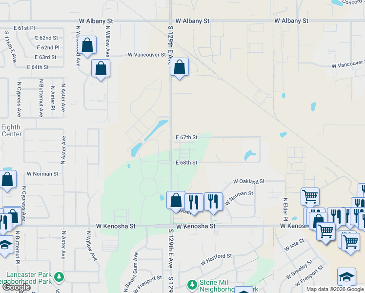 map of restaurants, bars, coffee shops, grocery stores, and more near 3408 West Oakland Place in Broken Arrow