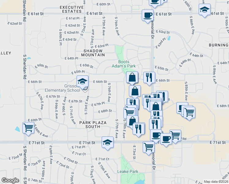 map of restaurants, bars, coffee shops, grocery stores, and more near 6649 S 76th E Ave in Tulsa
