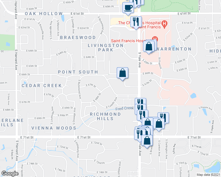 map of restaurants, bars, coffee shops, grocery stores, and more near 4426 East 68th Street in Tulsa