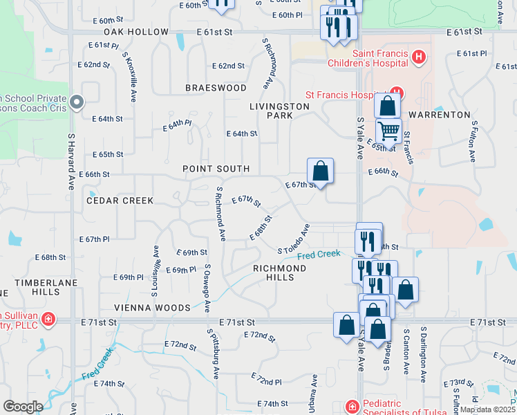map of restaurants, bars, coffee shops, grocery stores, and more near 4422 East 68th Street in Tulsa