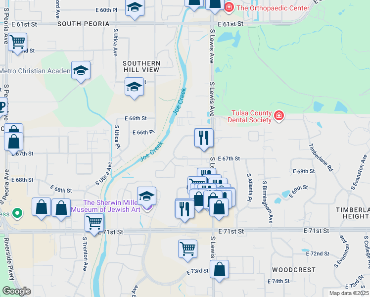 map of restaurants, bars, coffee shops, grocery stores, and more near 6619 East 67th Street in Tulsa