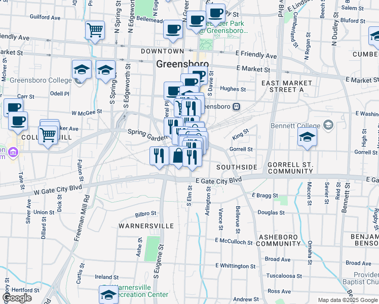 map of restaurants, bars, coffee shops, grocery stores, and more near 602 South Elm Street in Greensboro