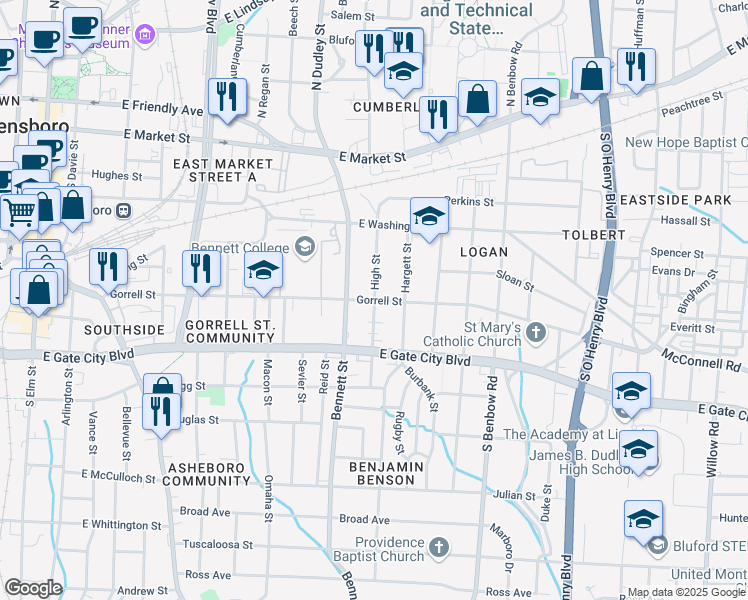 map of restaurants, bars, coffee shops, grocery stores, and more near Gorrell Street in Greensboro