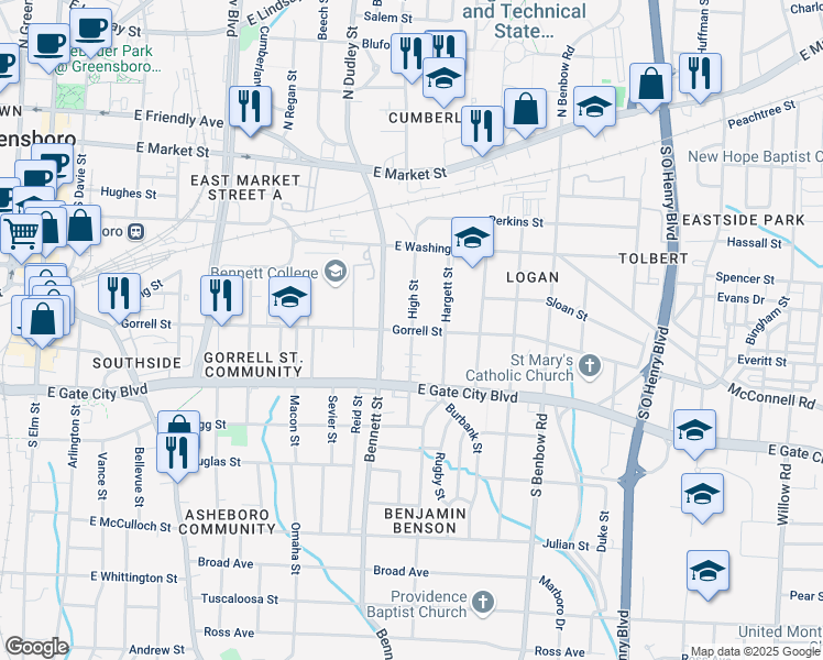 map of restaurants, bars, coffee shops, grocery stores, and more near Gorrell Street in Greensboro