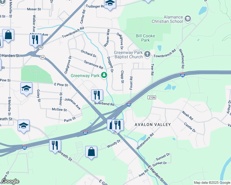 map of restaurants, bars, coffee shops, grocery stores, and more near 306 Doggett Drive in Graham