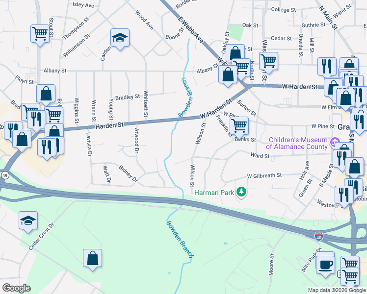 map of restaurants, bars, coffee shops, grocery stores, and more near 221 Wilson Street in Graham