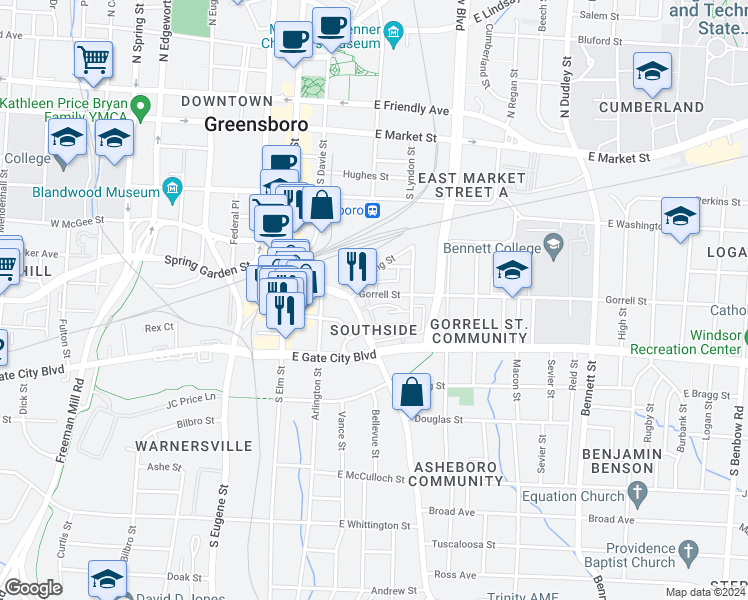 map of restaurants, bars, coffee shops, grocery stores, and more near 316 Gorrell Street in Greensboro