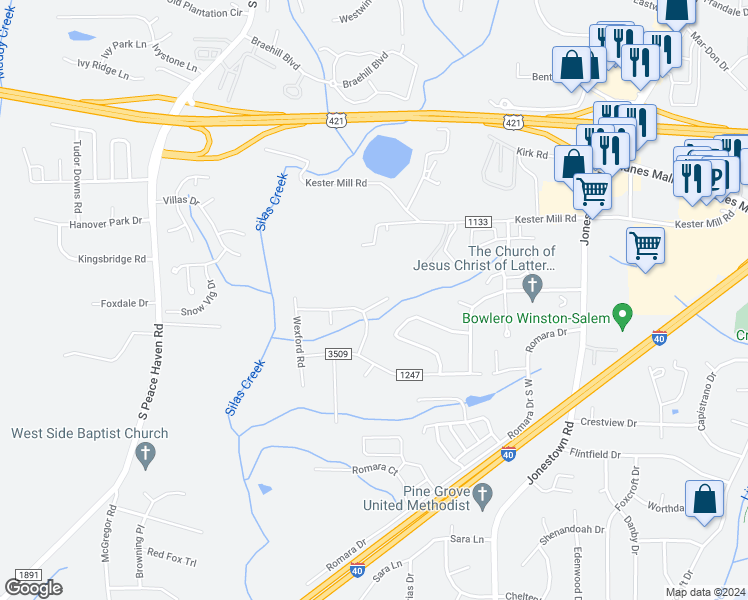 map of restaurants, bars, coffee shops, grocery stores, and more near 4953 Harrow Circle in Winston-Salem