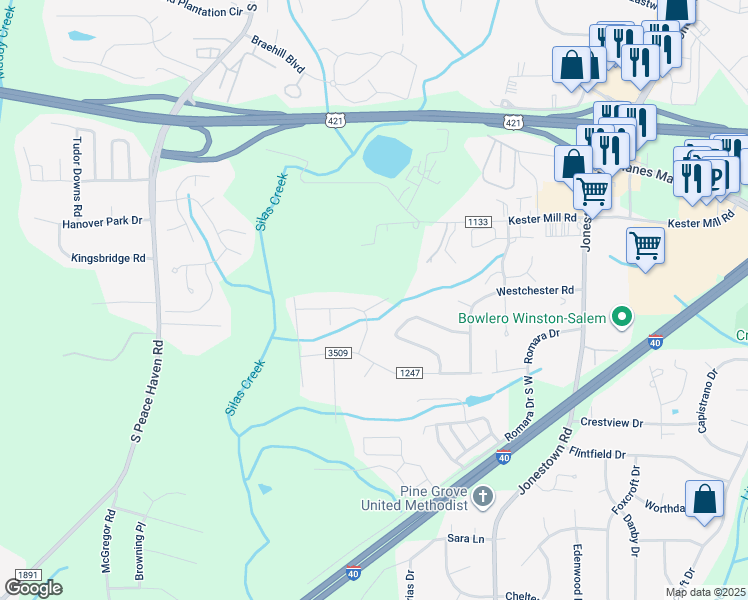 map of restaurants, bars, coffee shops, grocery stores, and more near 4953 Harrow Circle in Winston-Salem