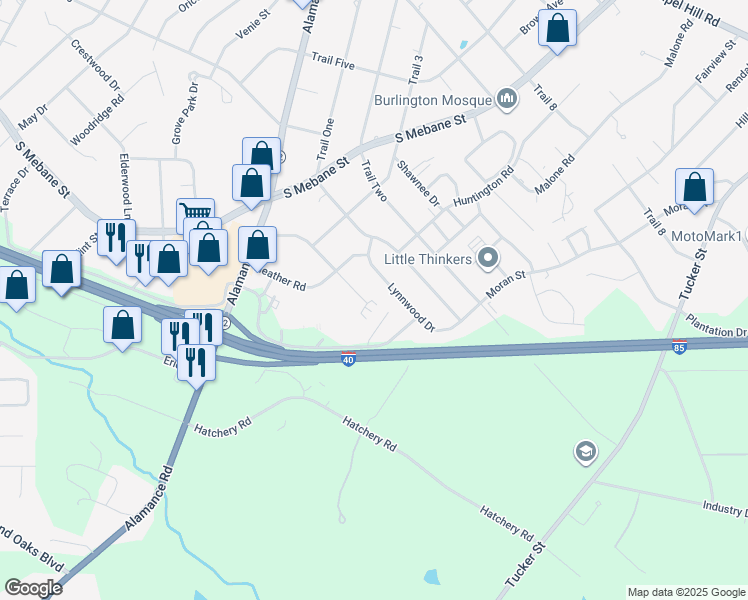 map of restaurants, bars, coffee shops, grocery stores, and more near 2805 Eldermont Street in Burlington