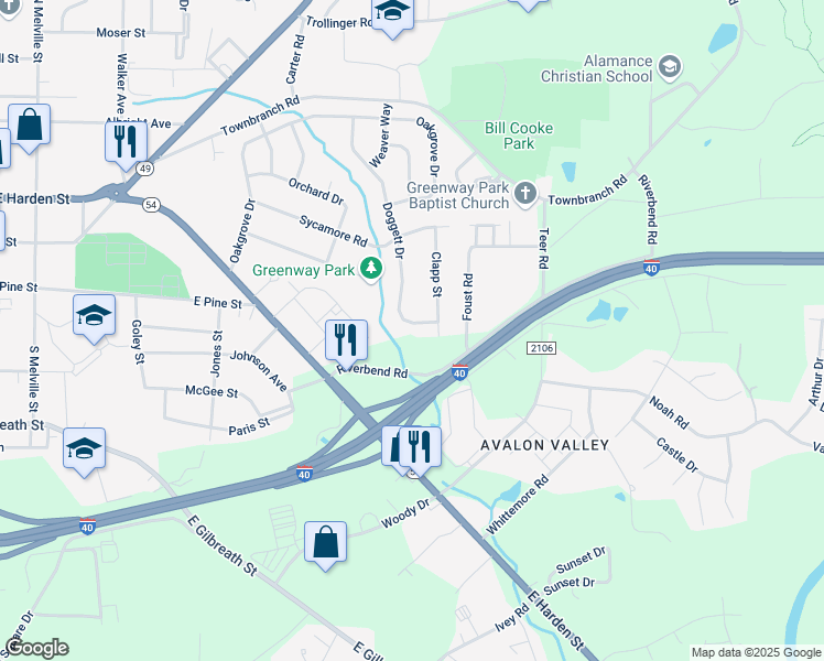 map of restaurants, bars, coffee shops, grocery stores, and more near 306 Doggett Drive in Graham